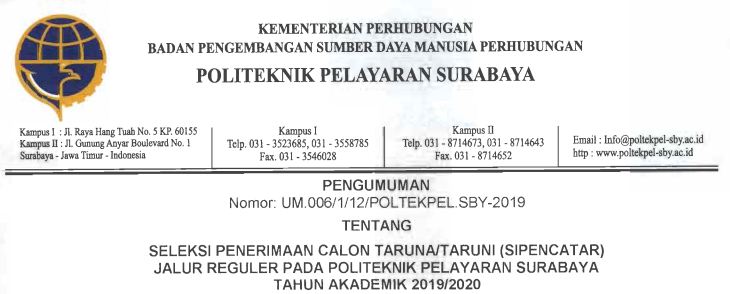 SIPENCATAR Jalur Reguler Politeknik Pelayaran Surabaya T.A. 2019/2020