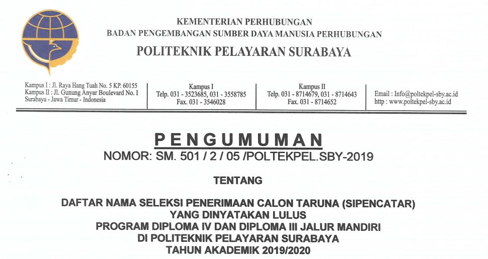 Pengumuman Nama Peserta Yang Dinyatakan Lulus dan Informasi Daftar Ulang SIPENCATAR Jalur Mandiri POLTEKPEL Surabaya