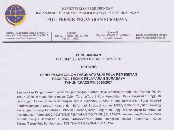 Jadwal Pendaftaran SIPENCATAR Pola Pembibitan (POLBIT) T.A 2020/2021 Politeknik Pelayaran Surabaya