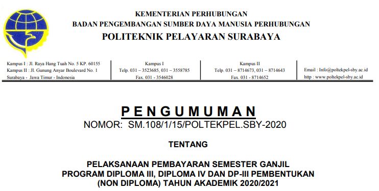 Pelaksanaan Pembayaran Semester Ganjil Program D-III, D-IV, dan DP-III Pembentukan (Non-Diploma)  T.A 2020/2021