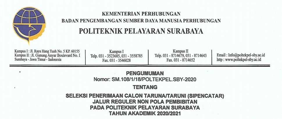 Pengumuman SIPENCATAR REGULER-NON POLBIT POLTEKPEL Surabaya T.A 2020/2021