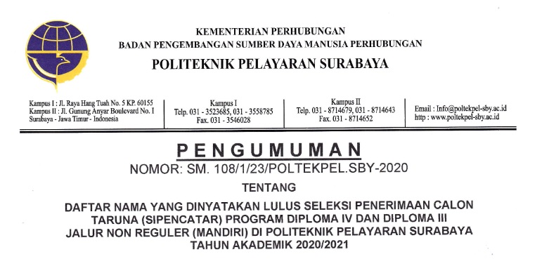 Pengumuman Kelulusan SIPENCATAR Jalur Non Reguler (Mandiri) POLTEKPEL Surabaya T.A 2020/2021