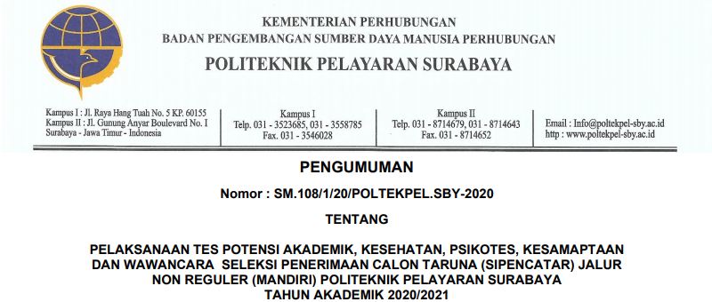 Pelaksanaan Rangkaian Tahapan Seleksi SIPENCATAR Jalur Mandiri POLTEKPEL Surabaya T.A 2020/2021