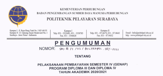 Pengumuman Pelaksanaan Pembayaran Semester IV (GENAP) Program Diploma III & Diploma IV  Tahun Akademik 2020/2021