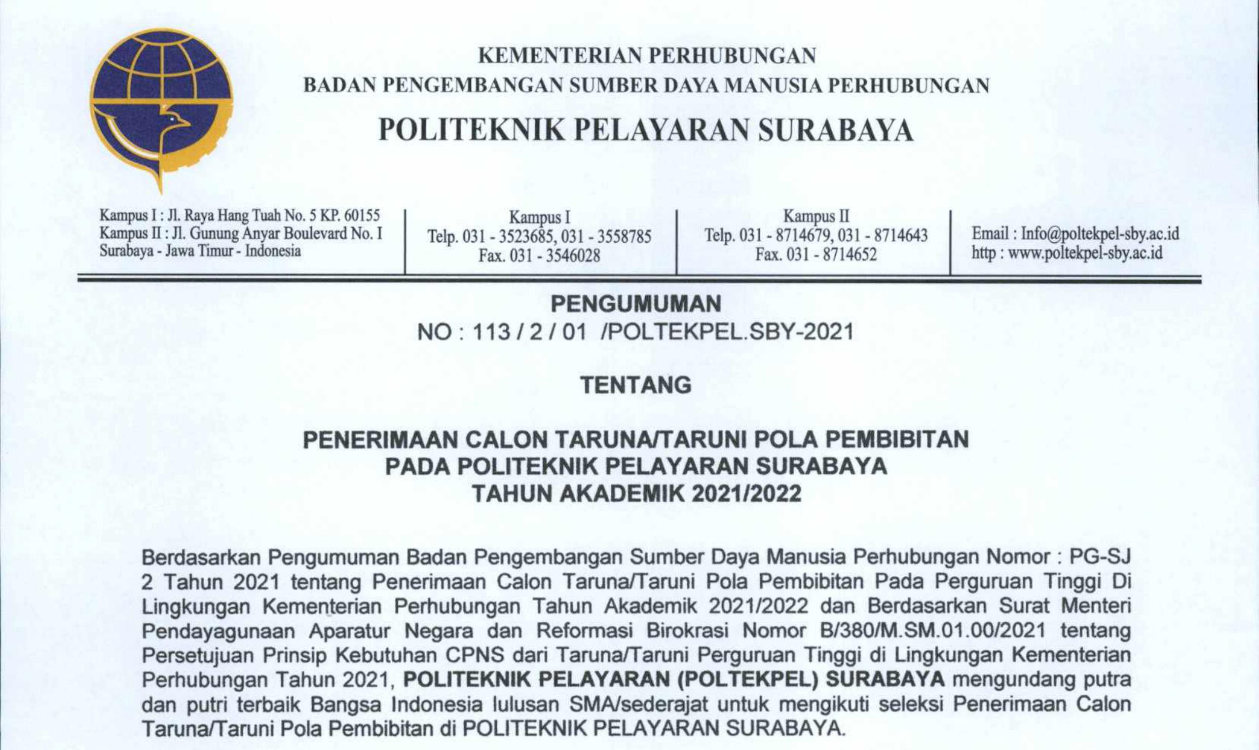 Pengumuman SIPENCATAR Pola Pembibitan Politeknik Pelayaran Surabaya T.A 2021/2022