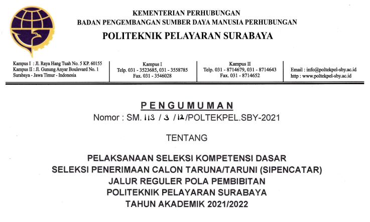 Pengumuman Tata Cara dan Jadwal Pelaksanaan SKD SIPENCATAR Pola Pembibitan POLTEKPEL Surabaya Tahun akademik 2021/2022