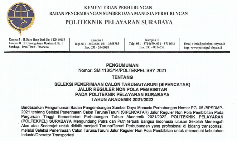 Pengumuman SIPENCATAR REGULER-NON POLBIT POLTEKPEL Surabaya T.A 2021/2022
