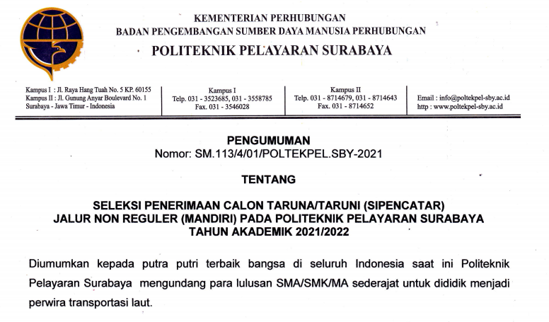 Pembukaan SIPENCATAR Jalur Mandiri Pada POLTEKPEL Surabaya Tahun Akademik 2021/2022