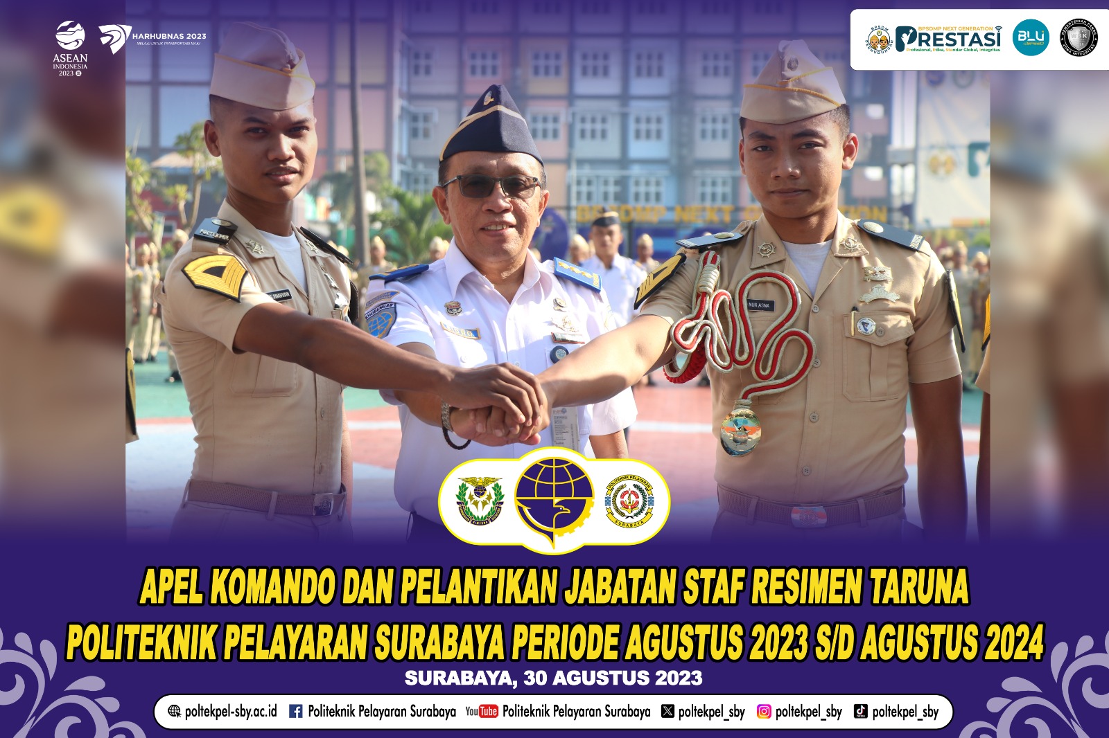 Gelar Apel Komando, Poltekpel Surabaya Lantik 85 Staf Resimen Taruna Periode Agustus 2023 – Agustus 2024